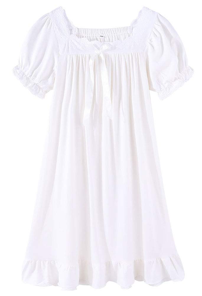 CHUNG Toddler Little Big Girls Modal Nightgowns Soft Princess Short Sleeve Round Square Neck Long Sleep Dress Vintageâ€¦ (130, 700 White) - Image 1